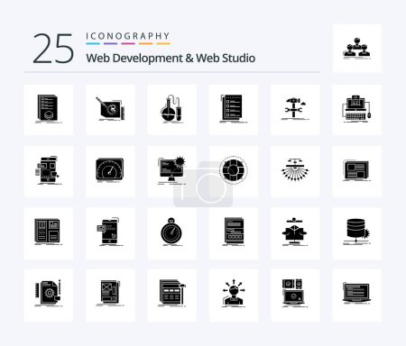 Illustration for Web Development And Web Studio 25 Solid Glyph icon pack including list. check. page. test. flask - Royalty Free Image