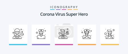 Téléchargez les illustrations : Corona Virus Super Hero Line 5 Icon Pack Including male. professor. doctor. doctor. nurse. Creative Icons Design - en licence libre de droit
