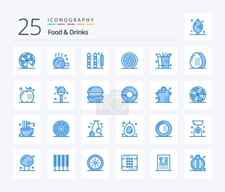 Téléchargez les illustrations : Food & Drinks 25 Blue Color icon pack including wok. sweet. drinks. food. stick - en licence libre de droit