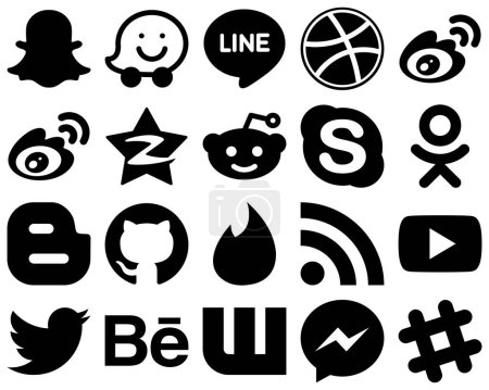 Illustration for 20 High-Quality Black Solid Icon Set such as github. blogger. qzone. odnoklassniki and skype icons. Fully editable and professional - Royalty Free Image