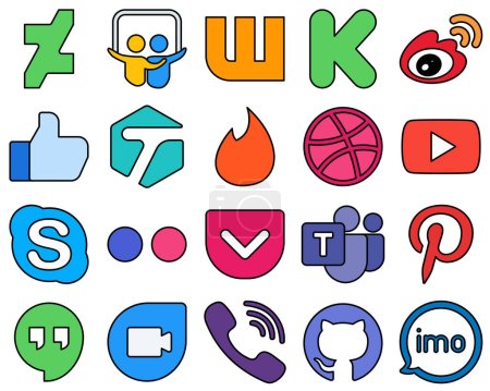 Illustration for 20 Modern Line Filled Social Media Icons such as chat. video. youtube and tinder Professional and elegant - Royalty Free Image