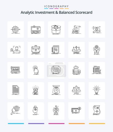 Ilustración de Creative Analytic Investment And Balanced Scorecard 25 OutLine icon pack  Such As analytics. work. fundraising. progress. performance - Imagen libre de derechos