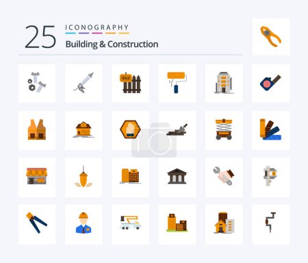 Téléchargez les illustrations : Building And Construction 25 Flat Color icon pack including roller. brush. utensils. house. sale - en licence libre de droit