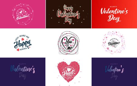 Ilustración de Happy Valentine's Day greeting background in papercut realistic style paper clouds. flying realistic heart on string; pink banner party invitation template; calligraphy words text sign on copy space - Imagen libre de derechos