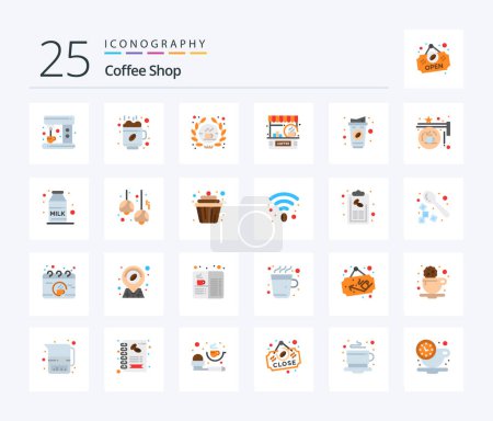 Téléchargez les illustrations : Coffee Shop 25 Flat Color icon pack including cup. shop. coffee. counter. cafe - en licence libre de droit