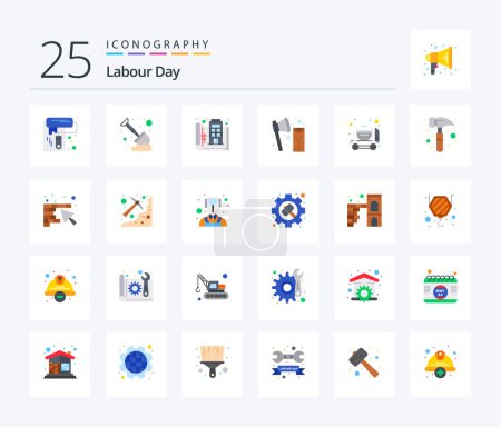 Illustration for Labour Day 25 Flat Color icon pack including wood. cutting. blue print. construction. print - Royalty Free Image