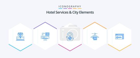Illustration for Hotel Services And City Elements 25 Blue icon pack including security. hotel. tag . service. hanger - Royalty Free Image