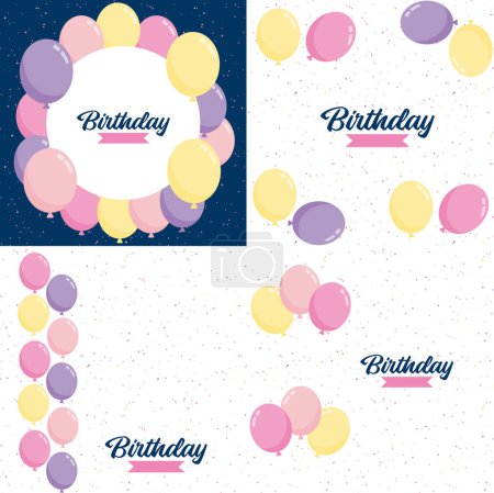 Illustration for Happy Birthday text with a chalkboard-style background and hand-drawn elements such as streamers and balloons. - Royalty Free Image
