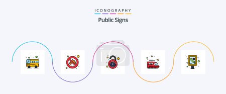 Téléchargez les illustrations : Public Signs Line Filled Flat 5 Icon Pack Including public. information. unlock. info graphic. train - en licence libre de droit