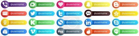 Ilustración de 20 Follow Me Icons for Popular Social Media Platforms such as tencent. kakao talk. blogger. tweet and mail icons. Minimalist and professional - Imagen libre de derechos
