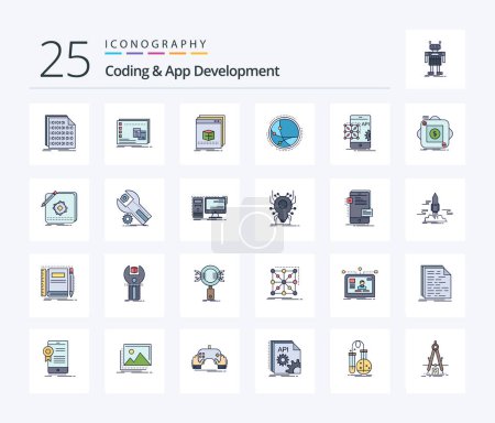 Téléchargez les illustrations : Coding And App Development 25 Line Filled icon pack including connection. worldwide. os. program. application - en licence libre de droit