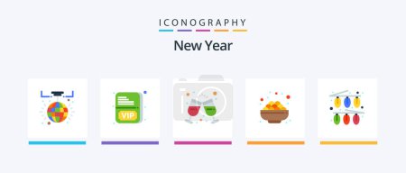 Téléchargez les illustrations : New Year Flat 5 Icon Pack Including decorations. celebration. wine glass. sweet. grocery. Creative Icons Design - en licence libre de droit