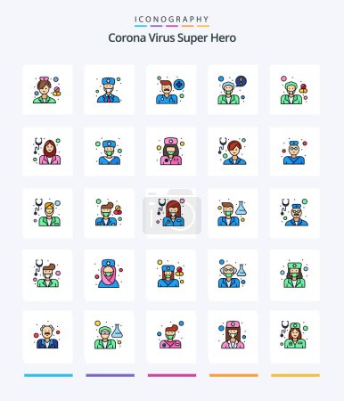 Illustration for Creative Corona Virus Super Hero 25 Line FIlled icon pack  Such As avatar. ask a doctor. male avatar. doctor. people - Royalty Free Image