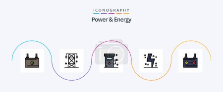 Téléchargez les illustrations : Power And Energy Line Filled Flat 5 Icon Pack Including electricity. battery. power. station. petrol - en licence libre de droit