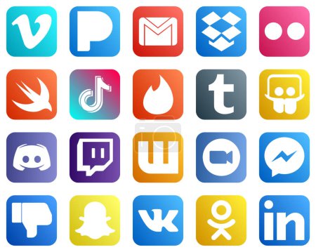 Illustration for 20 Modern Social Media Icons such as slideshare. tinder. yahoo and video icons. Creative and eye catching - Royalty Free Image