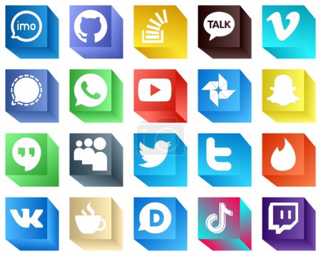 Illustration for 20 Modern 3D Social Media Icons such as video. whatsapp. overflow and signal icons. Fully editable and versatile - Royalty Free Image