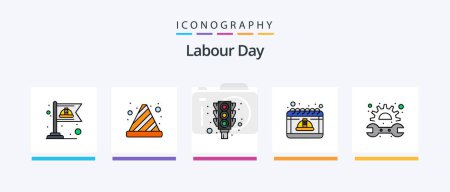 Téléchargez les illustrations : Labour Day Line Filled 5 Icon Pack Including tool. hoe. construction. hard work. flag. Creative Icons Design - en licence libre de droit