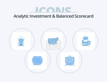 Ilustración de Analytic Investment And Balanced Scorecard Blue Icon Pack 5 Icon Design. dollars. banknotes. management. trophy. cup - Imagen libre de derechos