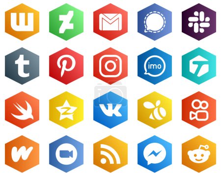 Illustration for 25 Versatile White Icons such as audio. slack. imo and meta icons. Hexagon Flat Color Backgrounds - Royalty Free Image