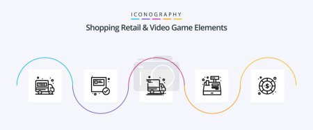 Téléchargez les illustrations : Shoping Retail And Video Game Elements Line 5 Icon Pack Including money. currency. delivery van. coin. register - en licence libre de droit