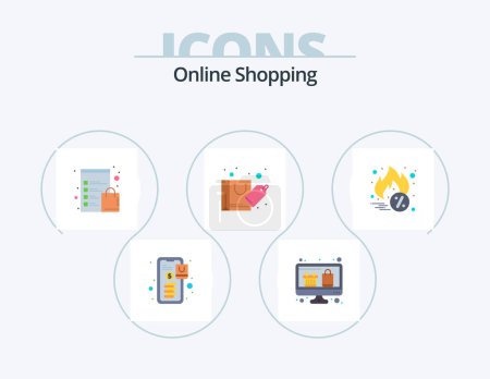Téléchargez les illustrations : Online Shopping Flat Icon Pack 5 Icon Design. cyber monday. sale. check list. shopping. bag - en licence libre de droit