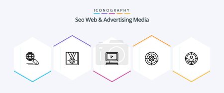 Téléchargez les illustrations : Seo Web And Advertising Media 25 Line icon pack including process. setup. trophy. settings. mp mp - en licence libre de droit