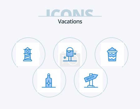 Illustration for Vacations Blue Icon Pack 5 Icon Design. vacation. bucket. lighthouse. beach. ice cream - Royalty Free Image