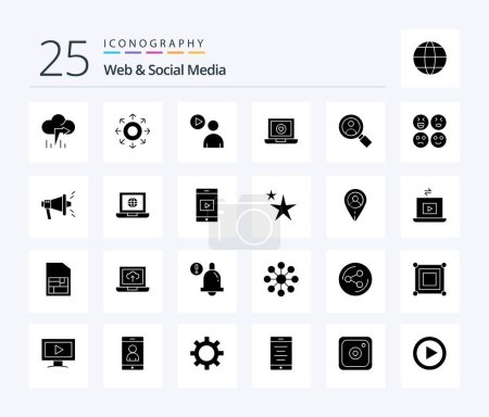 Ilustración de Web And Social Media 25 Solid Glyph icon pack including laptop . arrow . watch. play - Imagen libre de derechos