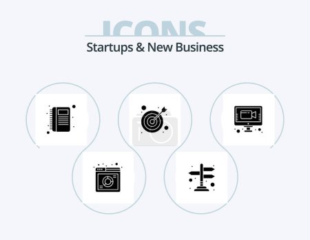 Illustration for Startups And New Business Glyph Icon Pack 5 Icon Design. video. chat. contact book. target. arrow - Royalty Free Image