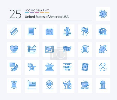 Illustration for Usa 25 Blue Color icon pack including fly. bloon. calender. church. american - Royalty Free Image