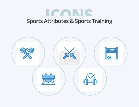 Illustration for Sports Atributes And Sports Training Blue Icon Pack 5 Icon Design. volleyball. goalpost. lacrosse. game. sabre - Royalty Free Image