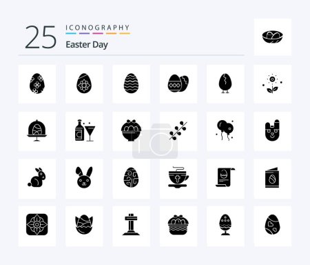 Téléchargez les illustrations : Easter 25 Solid Glyph icon pack including egg. spring. chicken. rose. flower - en licence libre de droit
