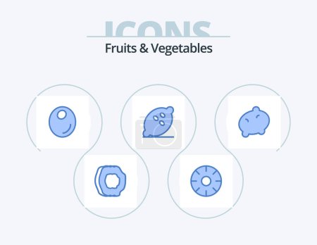 Téléchargez les illustrations : Fruits and Vegetables Blue Icon Pack 5 Icon Design. healthy. fruit. fruits. food. oil - en licence libre de droit