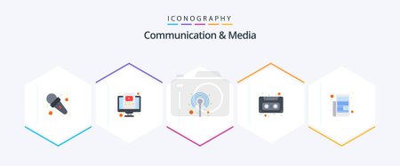 Illustration for Communication And Media 25 Flat icon pack including news. cassette. antenna. audio cassette. stand - Royalty Free Image