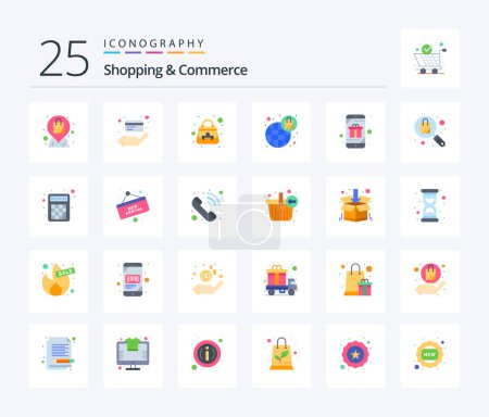 Téléchargez les illustrations : Shopping And Commerce 25 Flat Color icon pack including gift. bag. handbag. shopping. ecommerce - en licence libre de droit