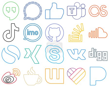 Illustration for 20 Professional Colourful Outline Social Media Icons Set such as audio. lastfm. imo and china Customizable and unique - Royalty Free Image