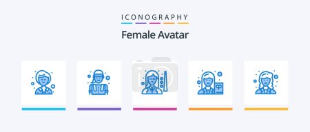Téléchargez les illustrations : Female Avatar Blue 5 Icon Pack Including mathematician. writer. player. teacher. female. Creative Icons Design - en licence libre de droit