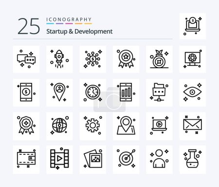 Illustration for Startup And Develepment 25 Line icon pack including setting. computer. dollar. badge. award badge - Royalty Free Image