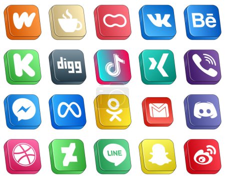 Illustration for 20 Isometric 3D Icons of Major Social Media Platforms such as video. vk. douyin and digg icons. Creative and high-resolution - Royalty Free Image