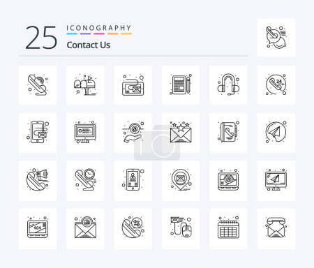 Illustration for Contact Us 25 Line icon pack including head phone. chat. email. pad. letter - Royalty Free Image