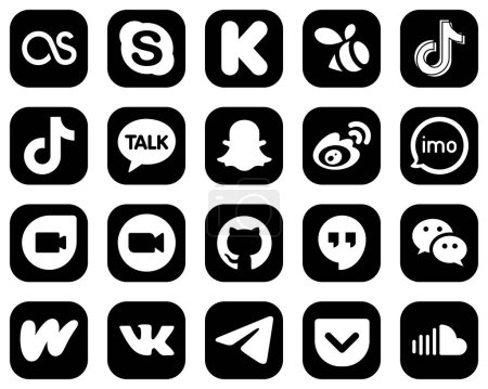 Illustration for 20 High-Resolution White Social Media Icons on Black Background such as imo. china. video. sina and snapchat icons. Clean and professional - Royalty Free Image