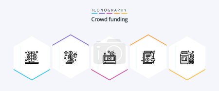 Téléchargez les illustrations : Crowdfunding 25 Line icon pack including currency. guarantee. money. contract. video - en licence libre de droit