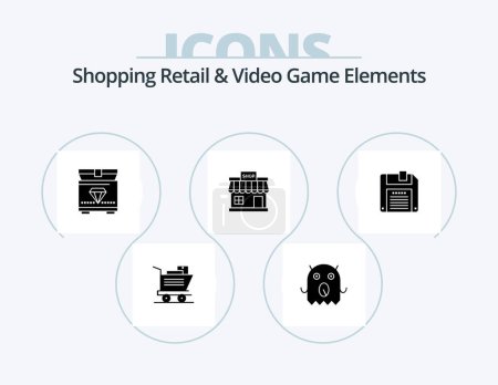 Téléchargez les illustrations : Shoping Retail And Video Game Elements Glyph Icon Pack 5 Icon Design. . diskette. gaming. floppy. store - en licence libre de droit