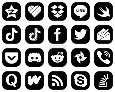 Illustration for 20 Attractive White Social Media Icons on Black Background such as inbox. twitter. douyin and facebook icons. High-quality and creative - Royalty Free Image