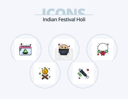 Téléchargez les illustrations : Holi Line Filled Icon Pack 5 Icon Design. . gujjia. india. food. necklace - en licence libre de droit