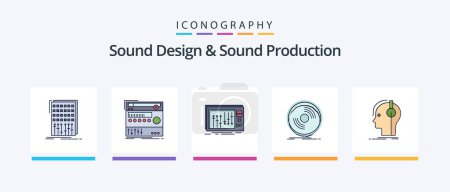Téléchargez les illustrations : Sound Design And Sound Production Line Filled 5 Icon Pack Including record. cassette. kit. studio. mixer. Creative Icons Design - en licence libre de droit