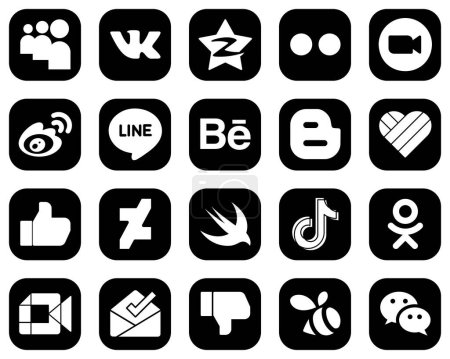 Illustration for 20 Professional White Social Media Icons on Black Background such as blogger. line. video and sina icons. High-quality and minimalist - Royalty Free Image