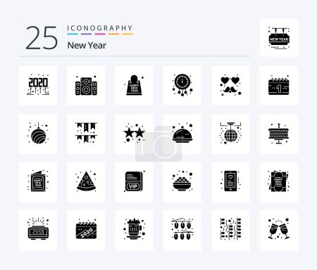 Téléchargez les illustrations : New Year 25 Solid Glyph icon pack including heart. time. gift. new year. clock - en licence libre de droit