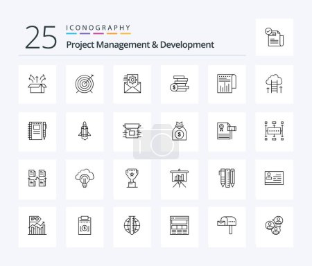 Illustration for Project Management And Development 25 Line icon pack including business. ghold. focus. cash. integration - Royalty Free Image