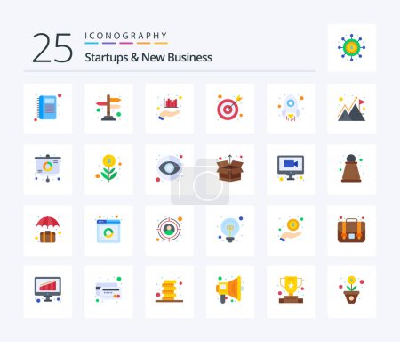 Téléchargez les illustrations : Startups And New Business 25 Flat Color icon pack including rocket. target. analysis. goal. marketing - en licence libre de droit